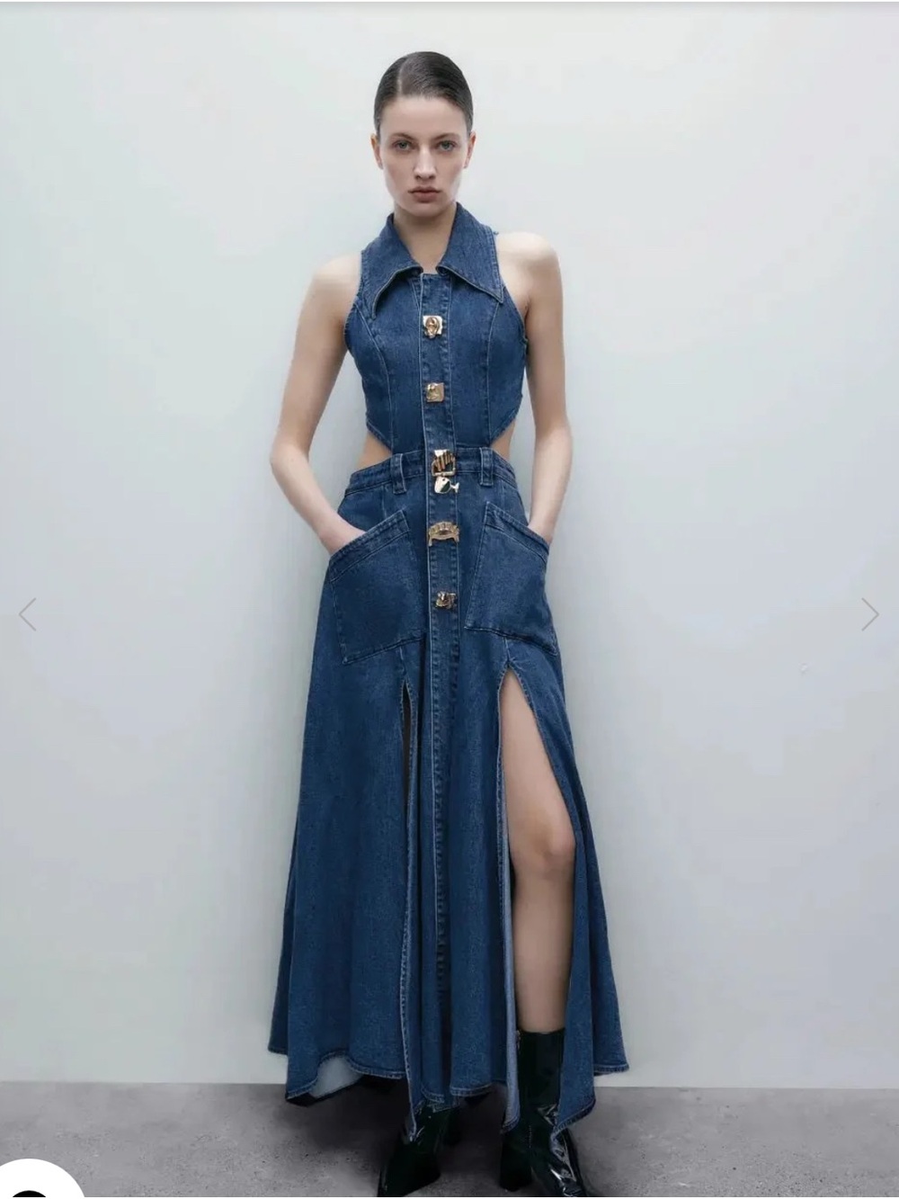 Denim Halter Maxi Dress with Front Slits - Blue